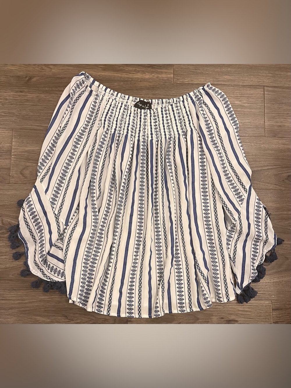 3/$11 Boho Peasant Top in Navy & White Off-shoulder with Tassels on Sleeve Hems